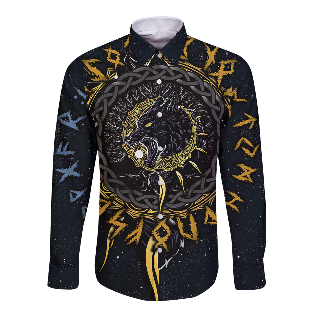 Black long sleeve button shirt with wolf graphic and yellow rune accents