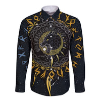 Black long sleeve button shirt with wolf graphic and yellow rune accents