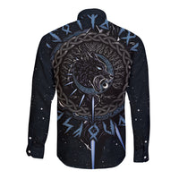Black long sleeve button shirt with back wolf graphic and Celtic knots