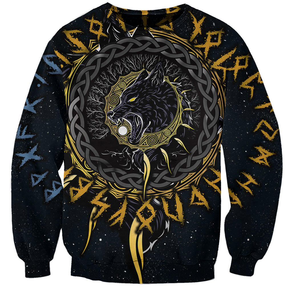 Unisex black sweatshirt with Viking wolf front graphic, long sleeves