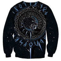 Unisex black sweatshirt with Viking wolf back graphic, long sleeves