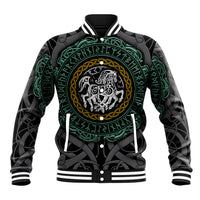 Unisex black baseball jacket with Viking wolf crest and teal knotwork sleeves