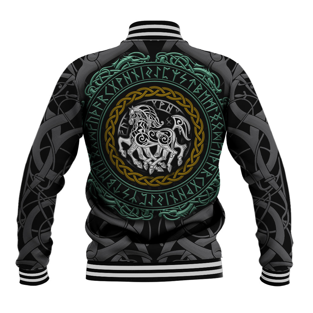 Unisex black baseball jacket, back Viking wolf crest in teal and gold ring