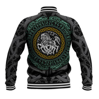 Unisex black baseball jacket, back Viking wolf crest in teal and gold ring
