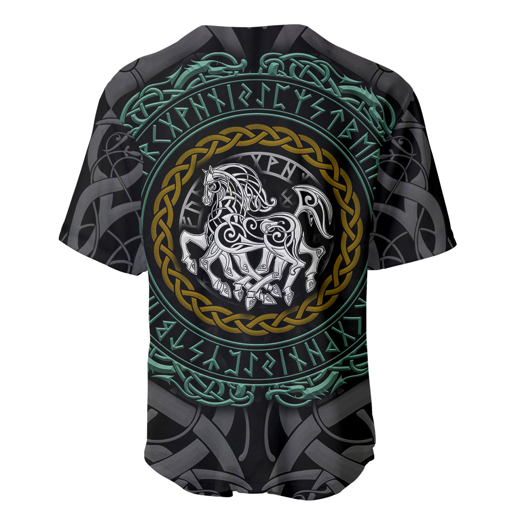 Black viking baseball jersey with large round Sleipnir emblem, green and gold trim