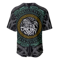 Black viking baseball jersey with large round Sleipnir emblem, green and gold trim