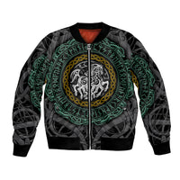 Black bomber jacket with full-zip front and green viking symbol graphic
