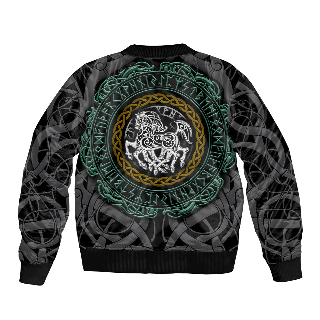 Black bomber jacket with back graphic of green viking ring and wolf