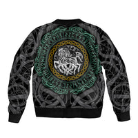 Black bomber jacket with back graphic of green viking ring and wolf