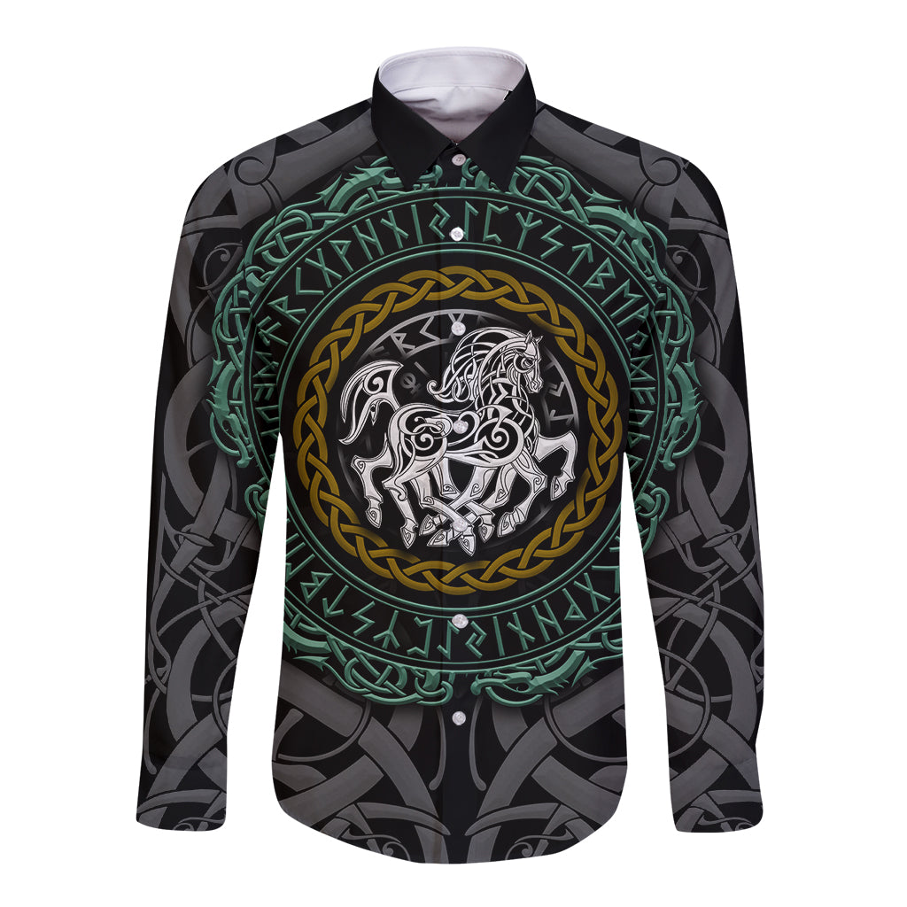 Black long-sleeve button shirt with green and gold Sleipnir horse emblem front