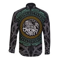 Black long-sleeve button shirt with green and gold Sleipnir horse emblem back