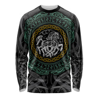 Viking long-sleeve shirt, black with green rune circle and gray horse figure graphic