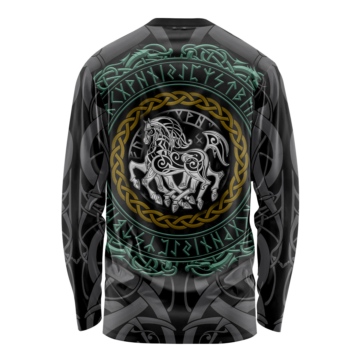 Viking long-sleeve shirt, black with back rune circle and horse emblem in gray