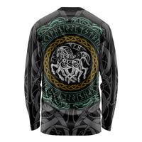 Viking long-sleeve shirt, black with back rune circle and horse emblem in gray