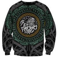 Black unisex sweatshirt with circular Viking Sleipnir emblem in green and gold