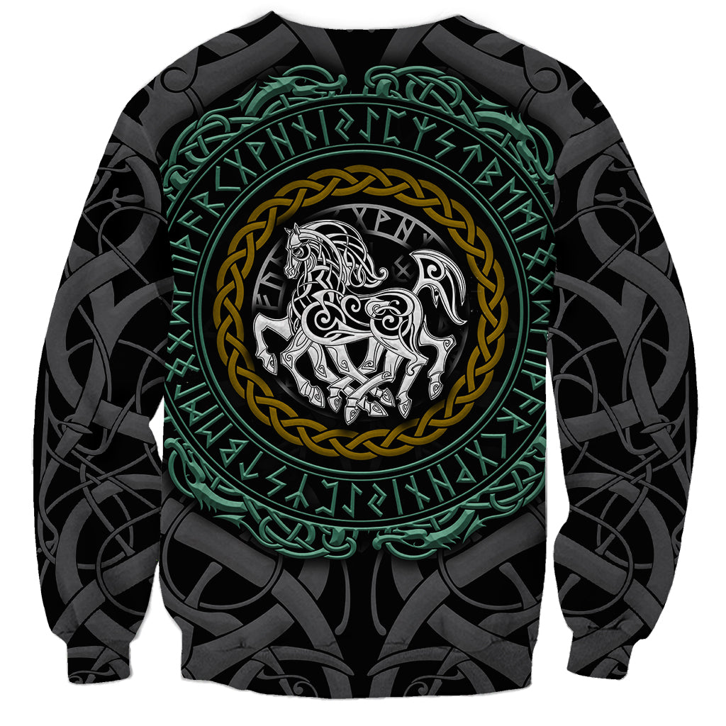 Black unisex sweatshirt with Sleipnir medallion and rune pattern in green