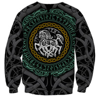 Black unisex sweatshirt with Sleipnir medallion and rune pattern in green