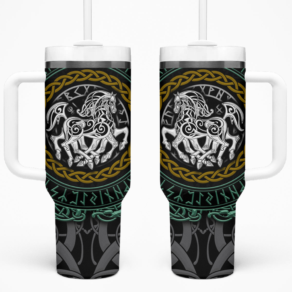 Viking Tumbler With Handle Sleipnir symbol and viking pattern art