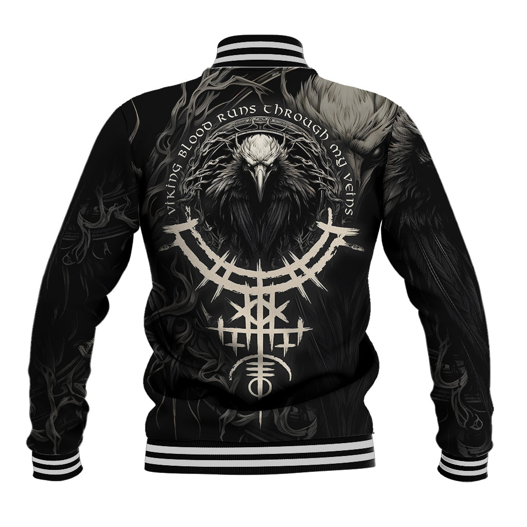 Black baseball jacket with large back raven graphic, striped ribbed collar and cuffs