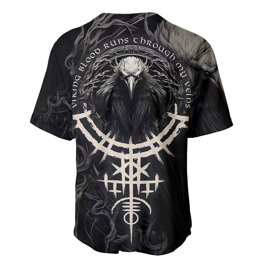 Black baseball jersey with large raven graphic on back and rune-style design