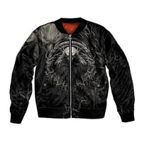 Black bomber jacket with raven and Nordic graphic, front zip, ribbed cuffs; red collar lining
