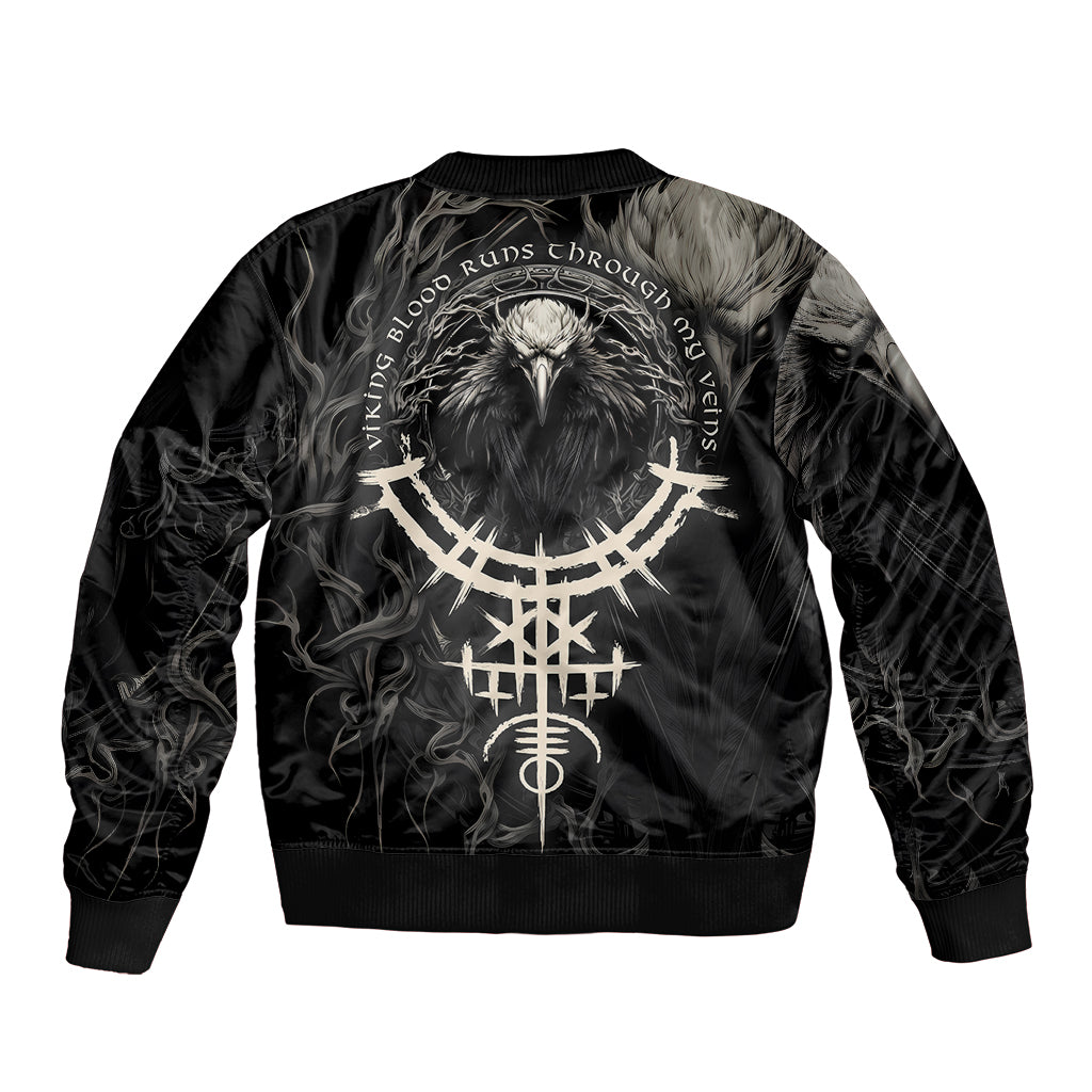 Black bomber jacket with large raven and circular Nordic graphic on back