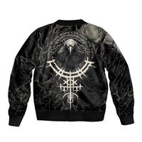 Black bomber jacket with large raven and circular Nordic graphic on back