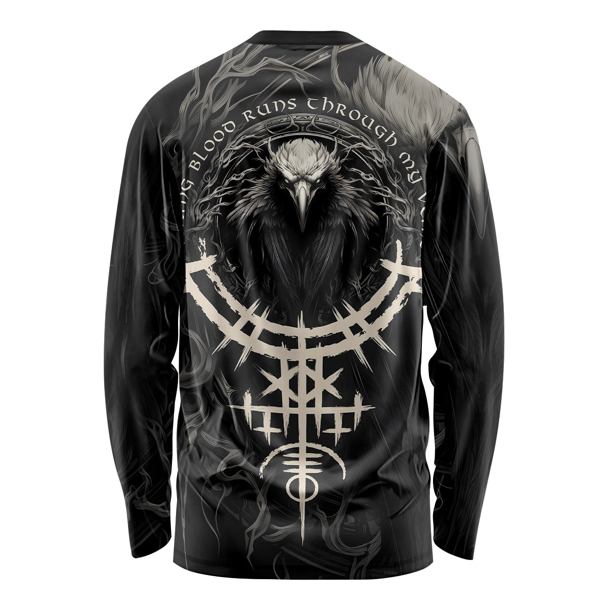 Unisex black long-sleeve shirt with back raven and circular rune graphic