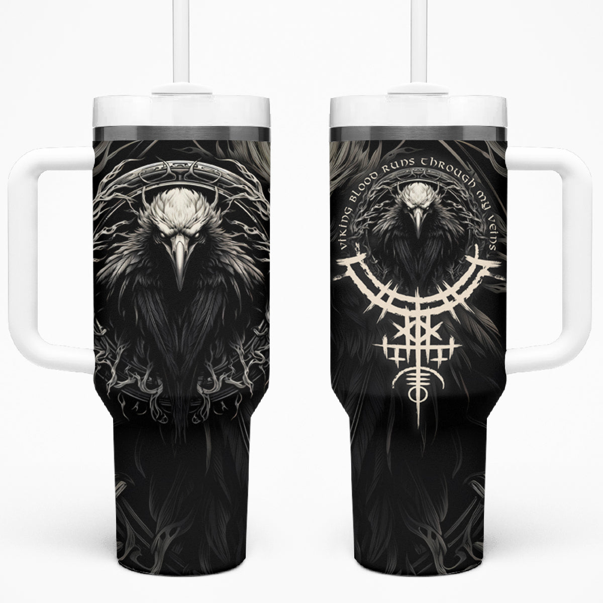 Viking Raven Tumbler With Handle Viking Blood Runs Through My Veins