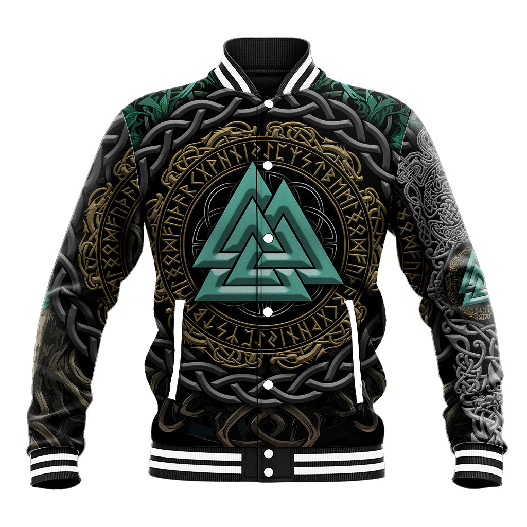 Unisex baseball jacket with black base, ribbed collar and large teal rune emblem front