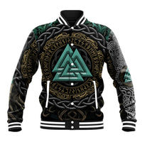 Unisex baseball jacket with black base, ribbed collar and large teal rune emblem front