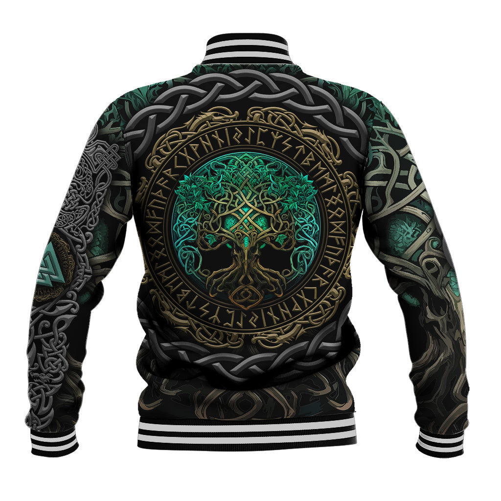 Unisex baseball jacket with black base, striped cuffs, large teal tree emblem on back