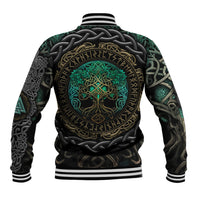 Unisex baseball jacket with black base, striped cuffs, large teal tree emblem on back