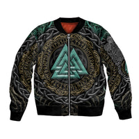 Viking-style full-zip bomber jacket, dark base with green-and-gold runic tree graphic