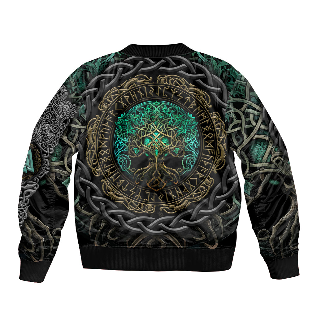 Viking-style bomber jacket back, dark base with teal tree and gold runic emblem