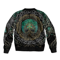 Viking-style bomber jacket back, dark base with teal tree and gold runic emblem