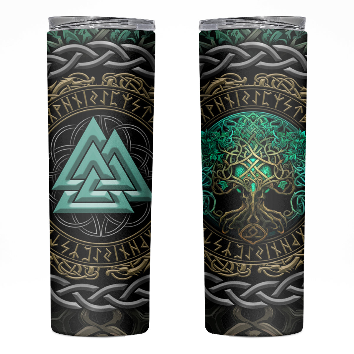 Viking Skinny Tumbler Cyan Valknut and Yggdrasil