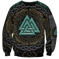 Unisex dark sweatshirt with teal Valknut in gold rune circle graphic