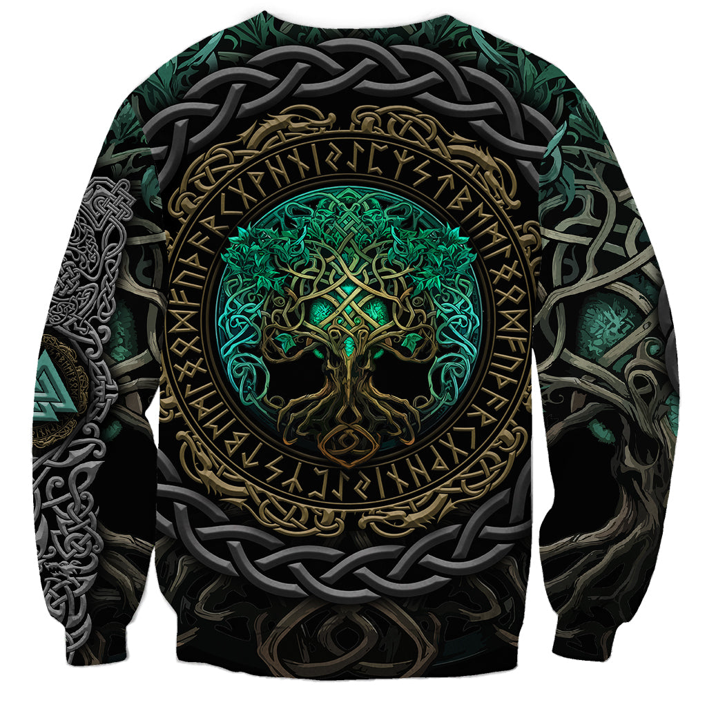 Unisex dark sweatshirt with teal Tree of Life and gold rune circle graphic