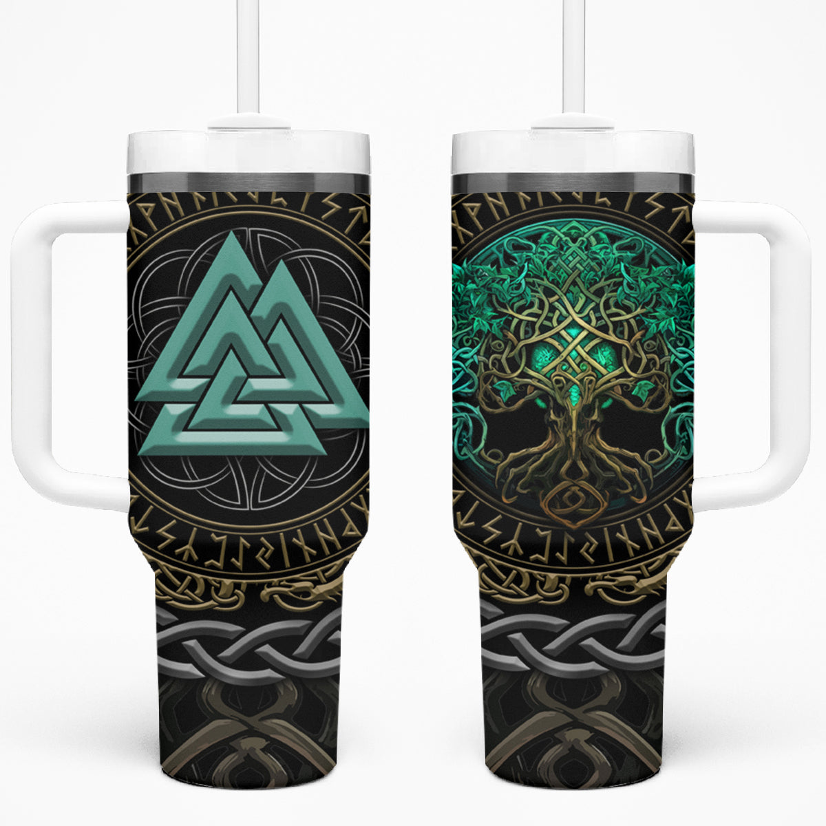 Viking Tumbler With Handle Cyan Valknut and Yggdrasil