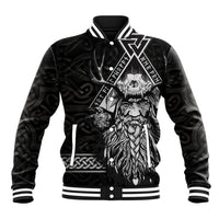 Black baseball jacket with striped ribbed collar and front Odin graphic