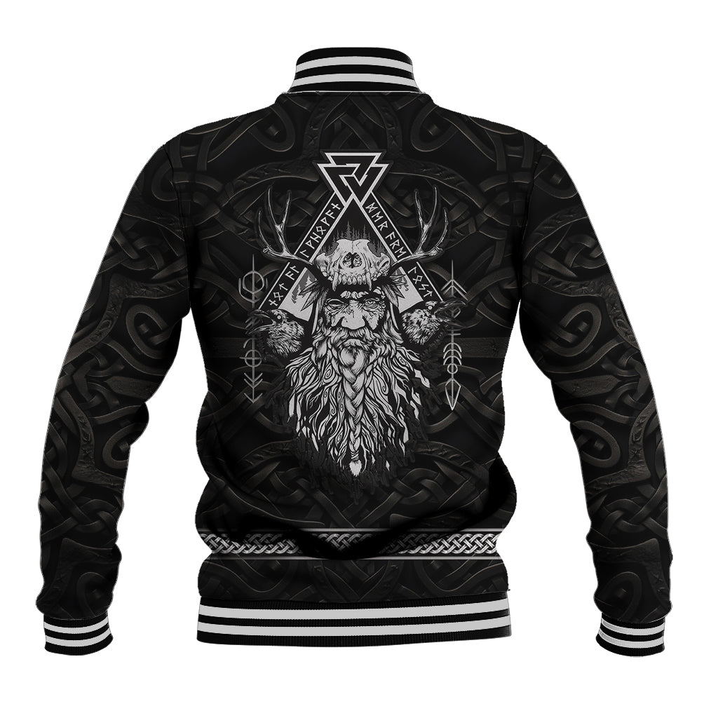 Black baseball jacket with striped ribbed hem and back Odin emblem graphic