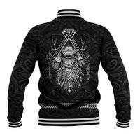Black baseball jacket with striped ribbed hem and back Odin emblem graphic