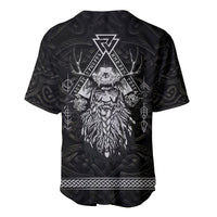 Black baseball jersey with Odin skull back graphic and geometric runes, short sleeves.