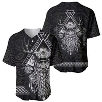 Black baseball jersey set, front and back views with Odin and raven artwork, short sleeves.