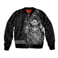 Black unisex bomber jacket with full-zip front and Norse Odin graphic panel