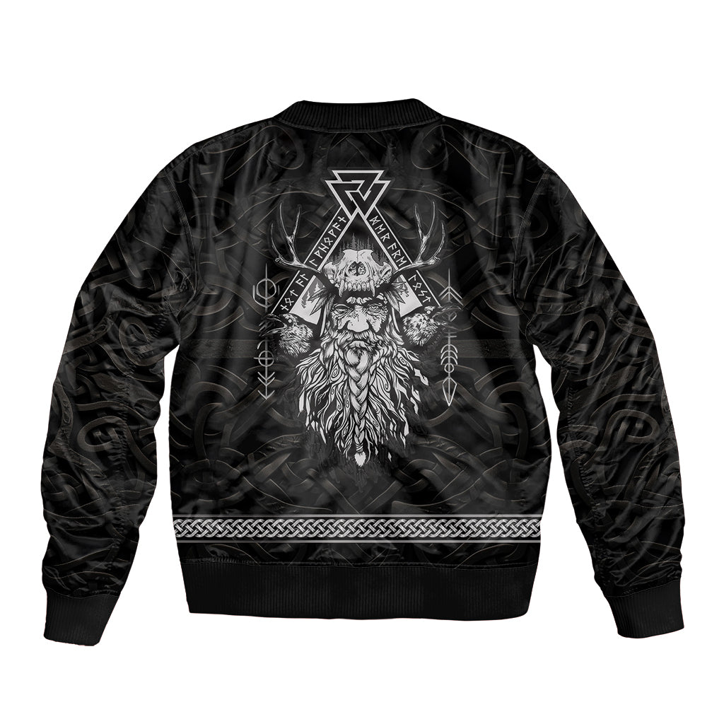 Black unisex bomber jacket back with large Odin face and rune design panel