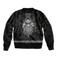 Black unisex bomber jacket back with large Odin face and rune design panel
