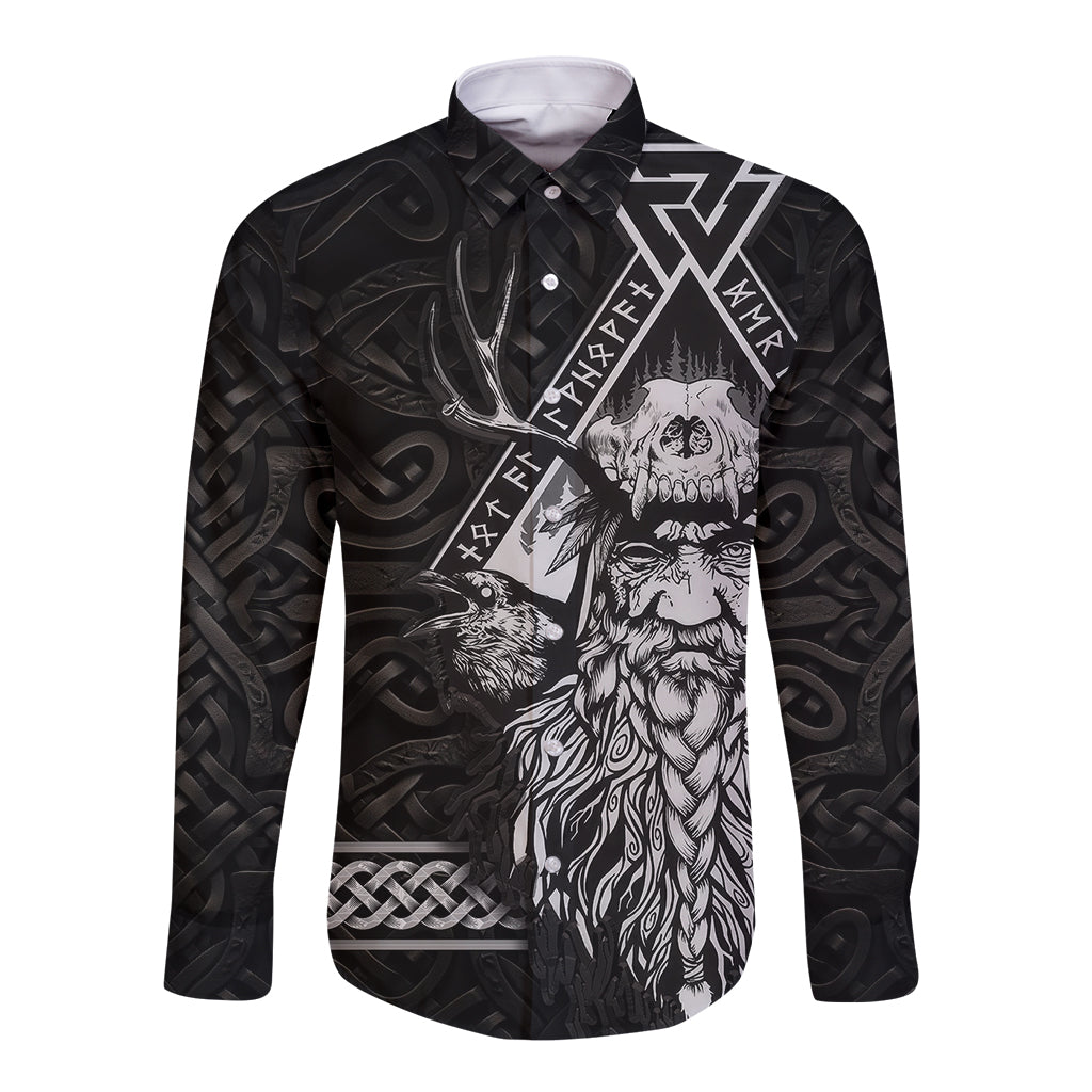 Unisex black long-sleeve button shirt with front Norse skull, runes, and figures