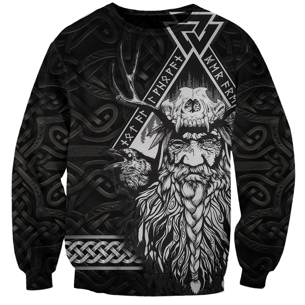 Unisex black sweatshirt with Norse Odin skull graphic front, long sleeves
